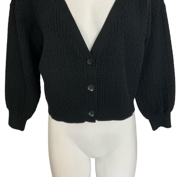 Alice + Olivia Zelina Deep V Cardigan Sweater M Black Cropped Cable Knit - Picture 9 of 12